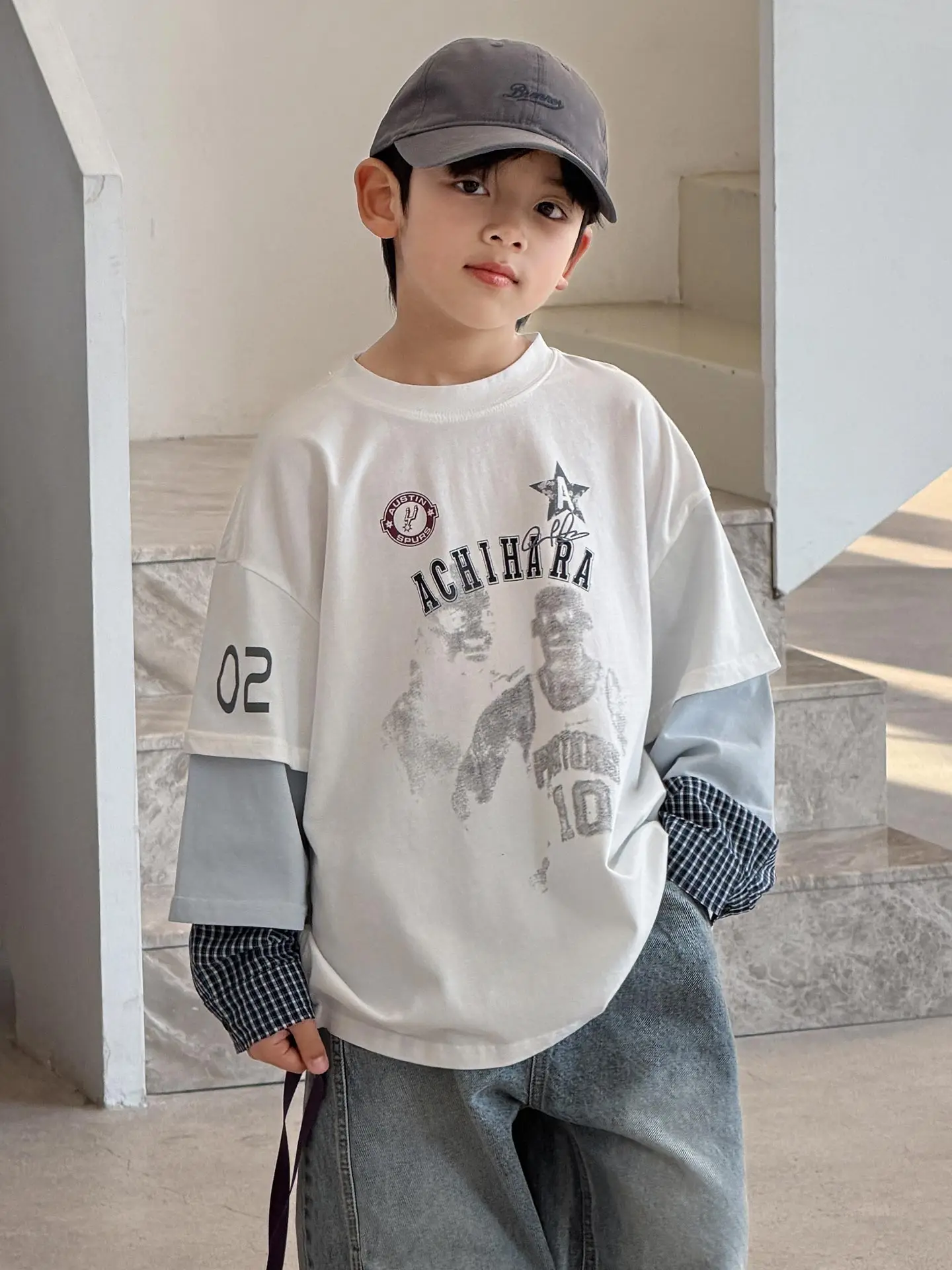 boys'-spring-autumn-long-sleeve-t-shirt-color-block-base-layer-shirt-fake-two-piece-stylish-cotton-blend-kids'-fashion