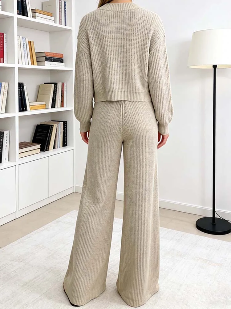 レディース秋冬ゆったりカジュアル万能ルーズウールオープン トップスとウールパンツのツーピースセット