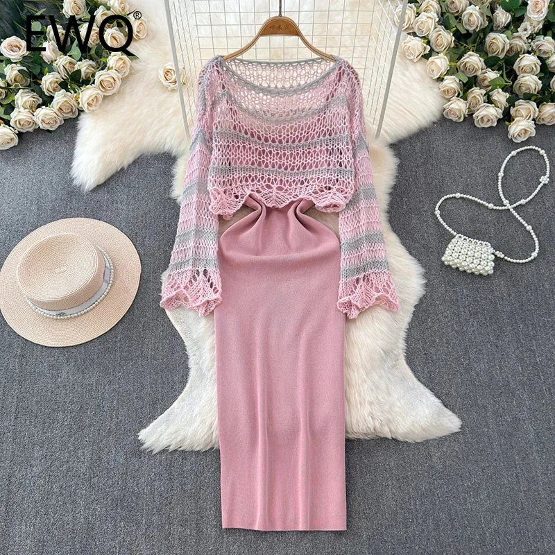 

EWQ Fashion 2 Piece Set For Women Casual Knitted Round Collar Long Sleeve Hollow Out Top Solid Strapless Dress 2024 New 27X498