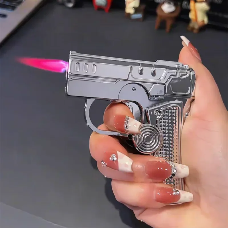Metal Folding Gun Style Inflatable Lighter Windproof Butane Gas Jet Red Flame Gyroscope Lighter with Laser for Men's Small Tool