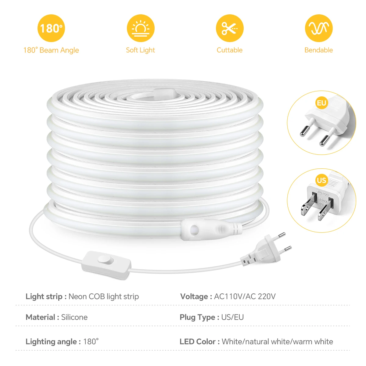 High-temperature Resistant Fireproof Silicone COB LED Strip Light Neon Tape 220V Luminous Even,No Dark Area,Bright Soft Lighting view 2
