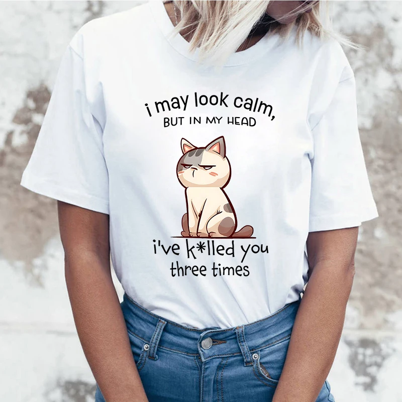 I May Look Calm Cat Letter Printed Women T-Shirts I May Look Calm Cat Short Sleeve Shirts Summer Round Neck Tee Shirt