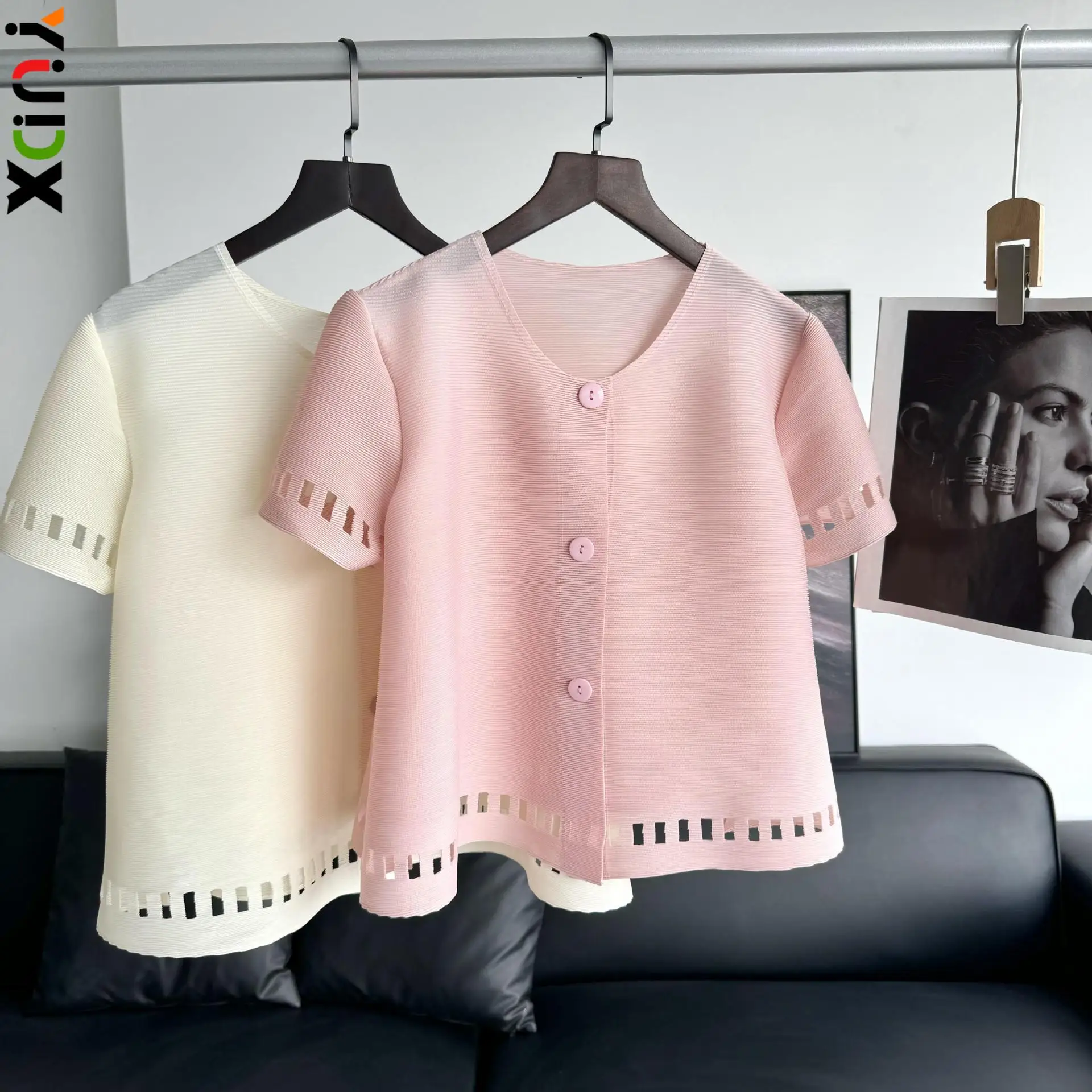 YUDX Skeleton Single Breasted Cardigan V Neck Comfort Women's Tops High Quality Tops Solid Color Casual Pleated Tee Shirt