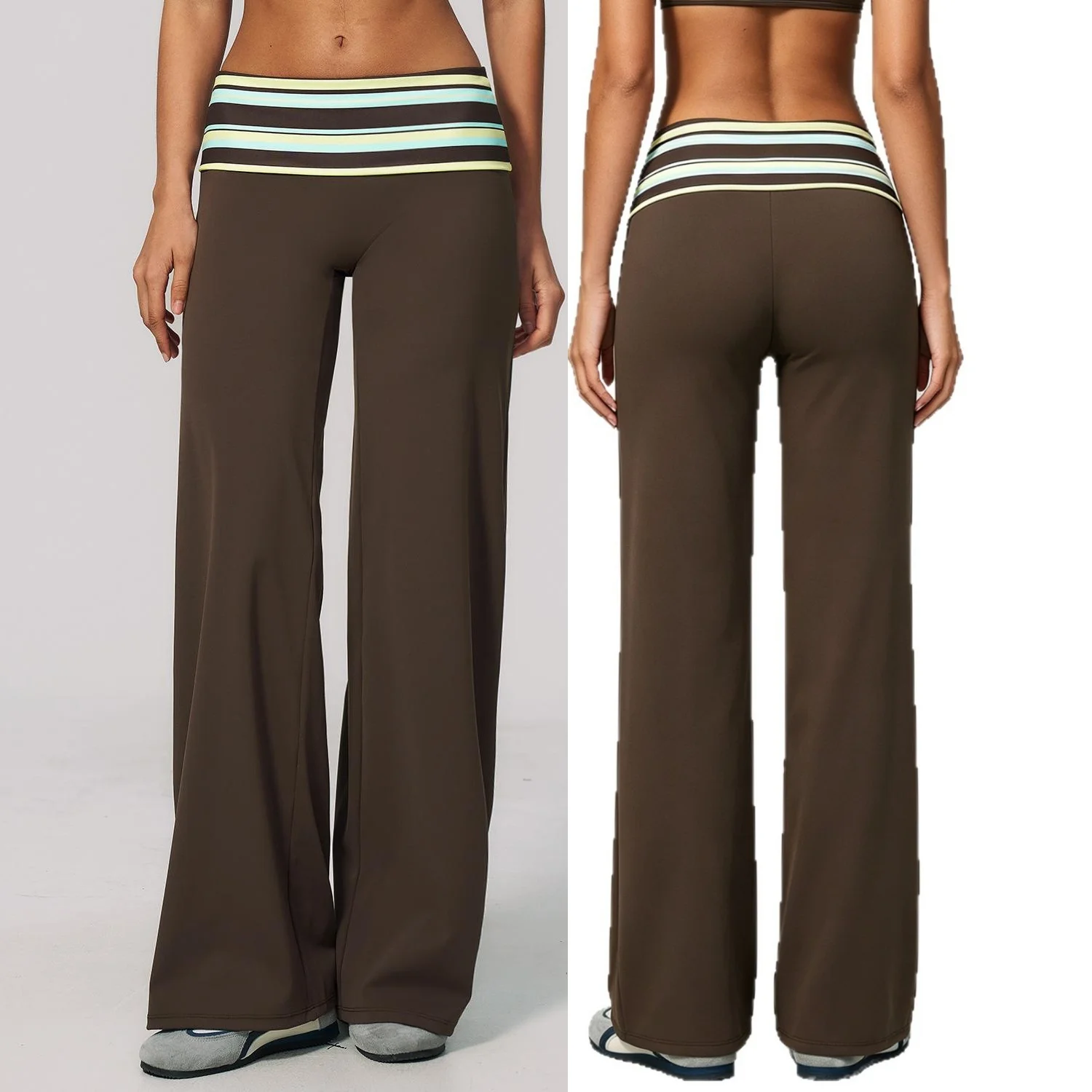 SWT Women Fold Over Waist Flare Yoga Pants Striped Polka Dot Waistband Stretch Bell Bottom Y2K Workout Casual Trousers