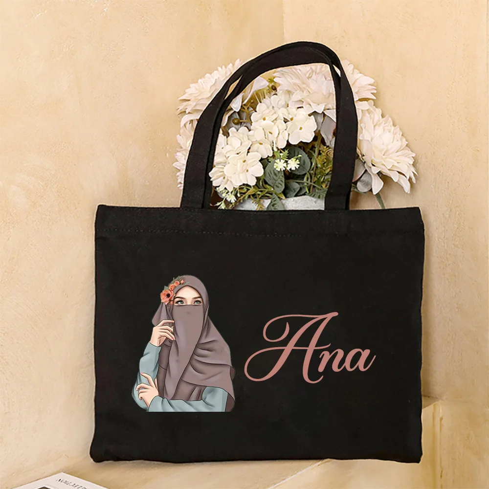 Personalised Hijabi Girl Tote Bag Female Travel Canvas Bags Muslim Girl Gift Custom Name Shoulder Bag Harajuku Handbag Eid Gifts