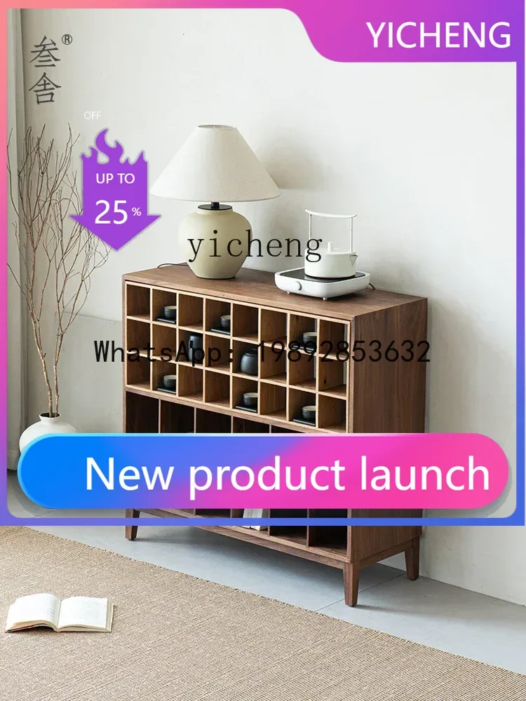 LYY  Cup Holder Tea Room Bookcase Black Walnut Lattice Low Cabinet Master Cup Teapot Storage Rack