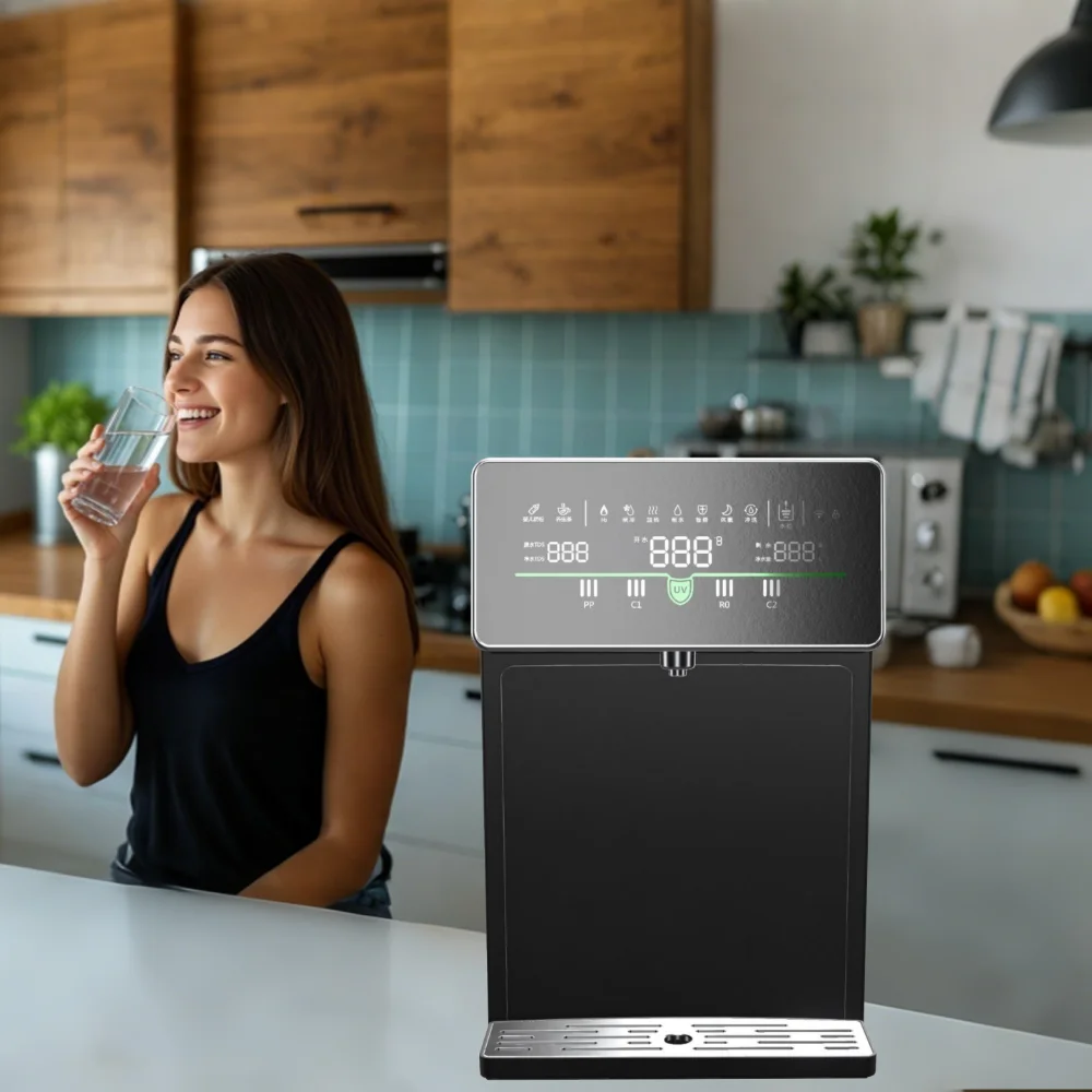 Vamia Plastic Electric Portable Water Purifier Machine Countertop Movable UV RO Treatment Container Alkaline Filter System