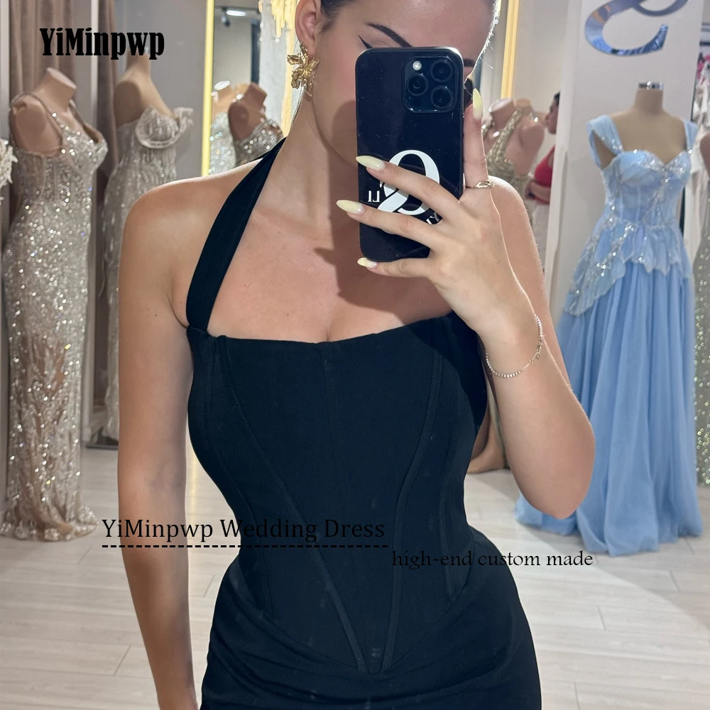 ชุดราตรีสีดำแบบผูกคอ แขนกุด เปิดหลัง ผ้าซาติน ทรงเมอร์เมด สำหรับงานเลี้ยงกลางคืน ชุดออกงานสำหรับผู้หญิง ชุดราตรียาวแบบสั่งตัดได้