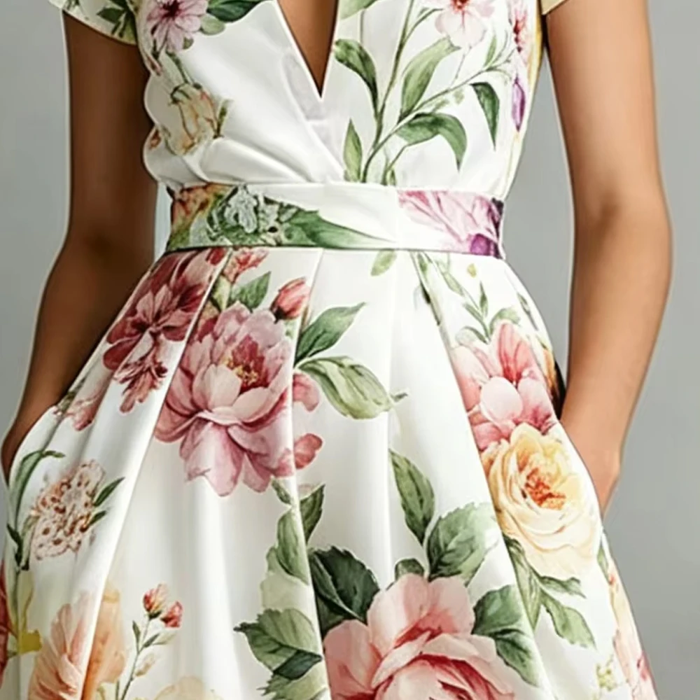 

Women's Elegant Watercolor Peony Floral Print Maxi Dress Modern Chinese Stand Collar Short Sleeve Pocket Everyday Party Outfit