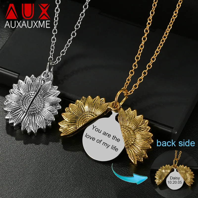 Auxauxme Custom Engrave Name Sun Flower Necklace  Alloy Metal Laser Engraved Logol Date Drawing Pendant Choker Jewelry