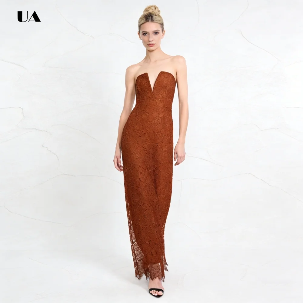 ULBYANRY Sleeveless Column Prom Dress, Solid Lace Evening Dress with Back Slit, Simple V-neck Customized Party Gowns for Women