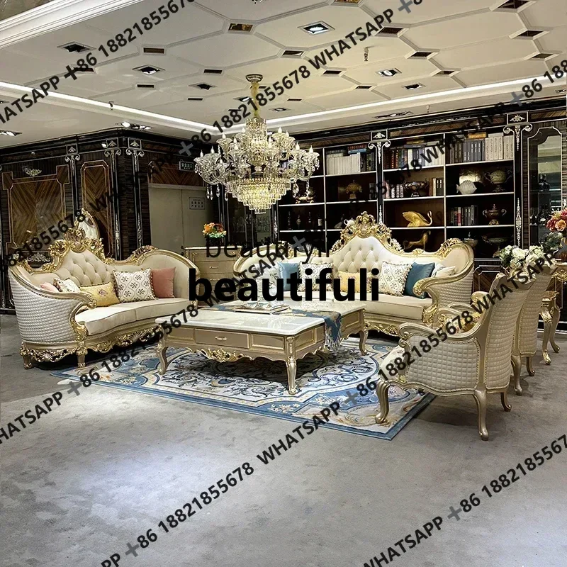 French sofa, European leather sofa, palace luxury villa living room solid wood sofa