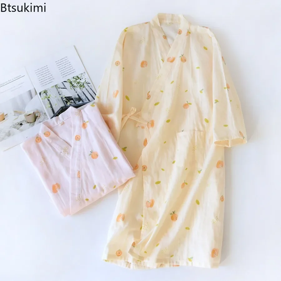 

2025 Women's 100% Cotton Gauze Pajama Robes Loose Casual Japanese Style Kimono Nightgown V-Neck Simple Lace Up Couple Bathrobes