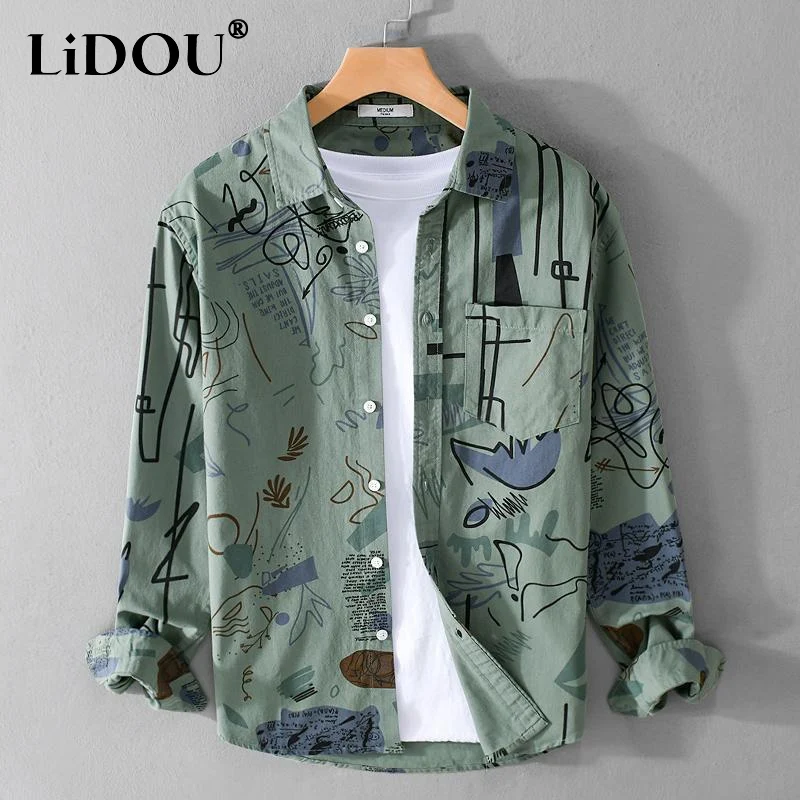 2023 Spring Autumn Turn-down Collar Shirt Man Fashion Single Breasted Long Sleeve Cardigan Men Vintage Graffiti Printing Coat