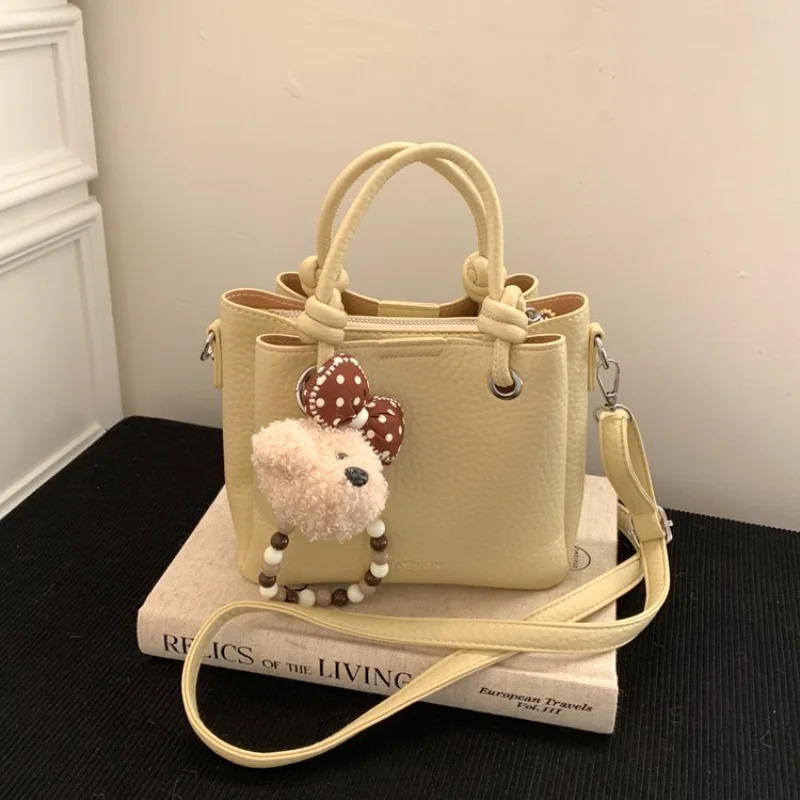 Light Beige Mini Bucket Bag with Knotted Handle, Women's Casual Faux Leather Crossbody Purse with Detachable Strap Clutch Bag view 6