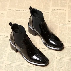 Women Round Toe Block Low Heel Chelsea Boots Black Slip On Patent Leather Ankle Boots Comfortable Non-slip Shoes