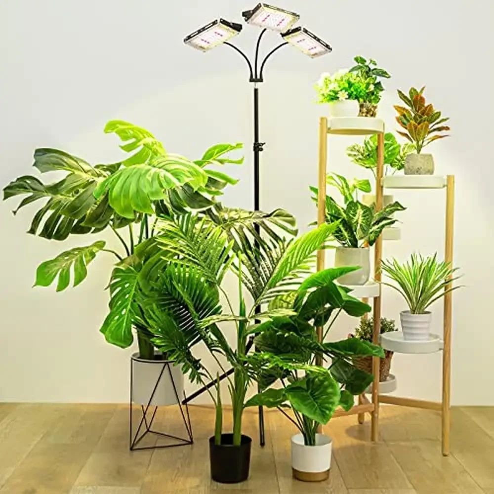 Full Spectrum Tri-Head LED Plant Grow Light with Timer Stand Adjustable Height Indoor Plants Orchids Succulents Tomatoes