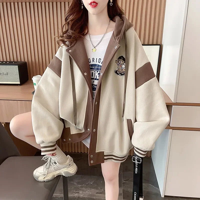 

PopCool Color Block Design Hoodie Baseball Jacket Autumn Winter New Arrival Trendy Korean Style Full Sleeve Decorative Patchwork