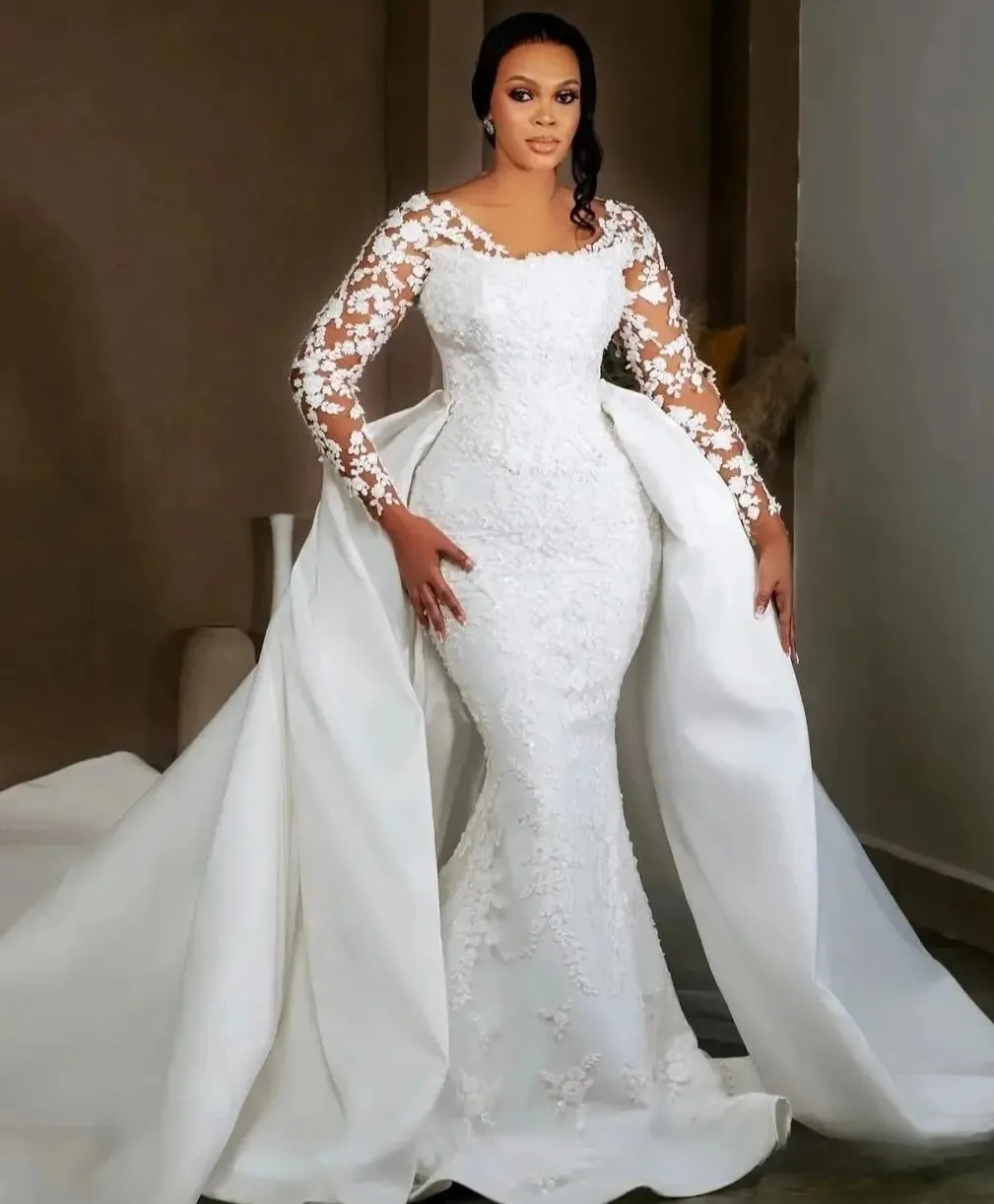 

New Modern Wedding Dress Removable Skirt Appliques Beads Mermaid Bridal Dresses Church Bride Gown African vestidos de novia