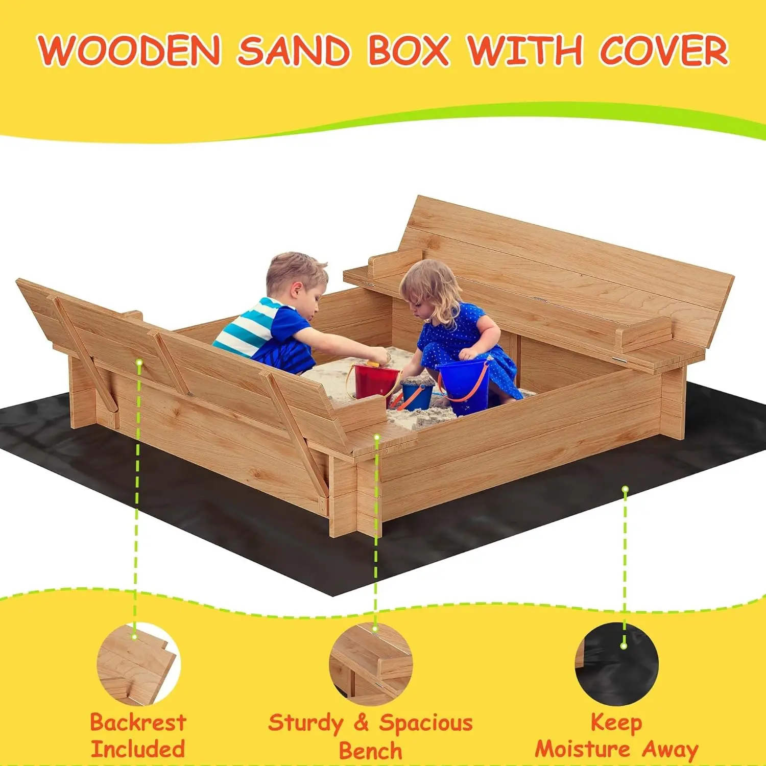 Holz-Sandkasten mit Abdeckung/Deckel, Sandkasten mit 2 Sitzbankn und Bodenfutter, Outdoor-Sandgitter für Kinder/Kleinkinder/Kinder, Perfe