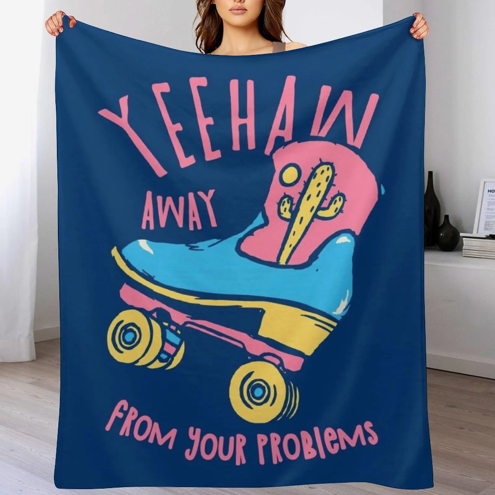 YeeHaw Away From Your Problems Blue BG Funny Adulting Yee Haw Cowboy Boot Roller Skater Boots MEME Throw Blanket