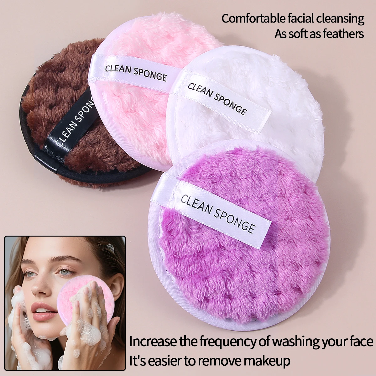 2個の大きな丸いレイジーフェイスウォッシュパフ、再利用可能なメイク落としとクリーニングパウダーパフ、多機能ポータブル美容ツール