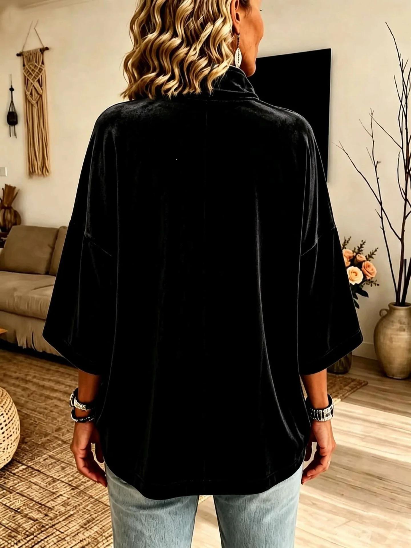 Autumn Winter Velvet Solid Half Zip Sweatshirts Stand Collar 3/4 Sleeve Loose Casual Pullover Tops Women Vacation Daily Hoodie