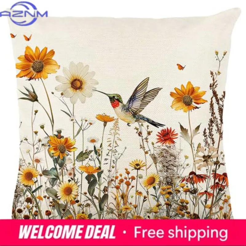 Home Decor Hummingbirds & Butterflies in Wildflowers Pillow Pattern Cushion Cover Suitable for Sofa Bedroom Car Pillow Cover