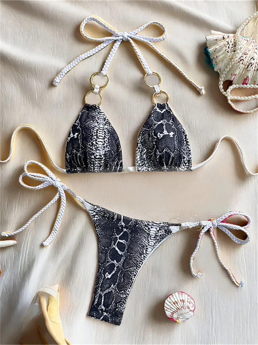 

Sexy Black Snakeskin Print Micro Bikini 2025 Women Halter Metal Ring Strap Push Up Thong Swimsuit Beach Bathing Suit Swimwear