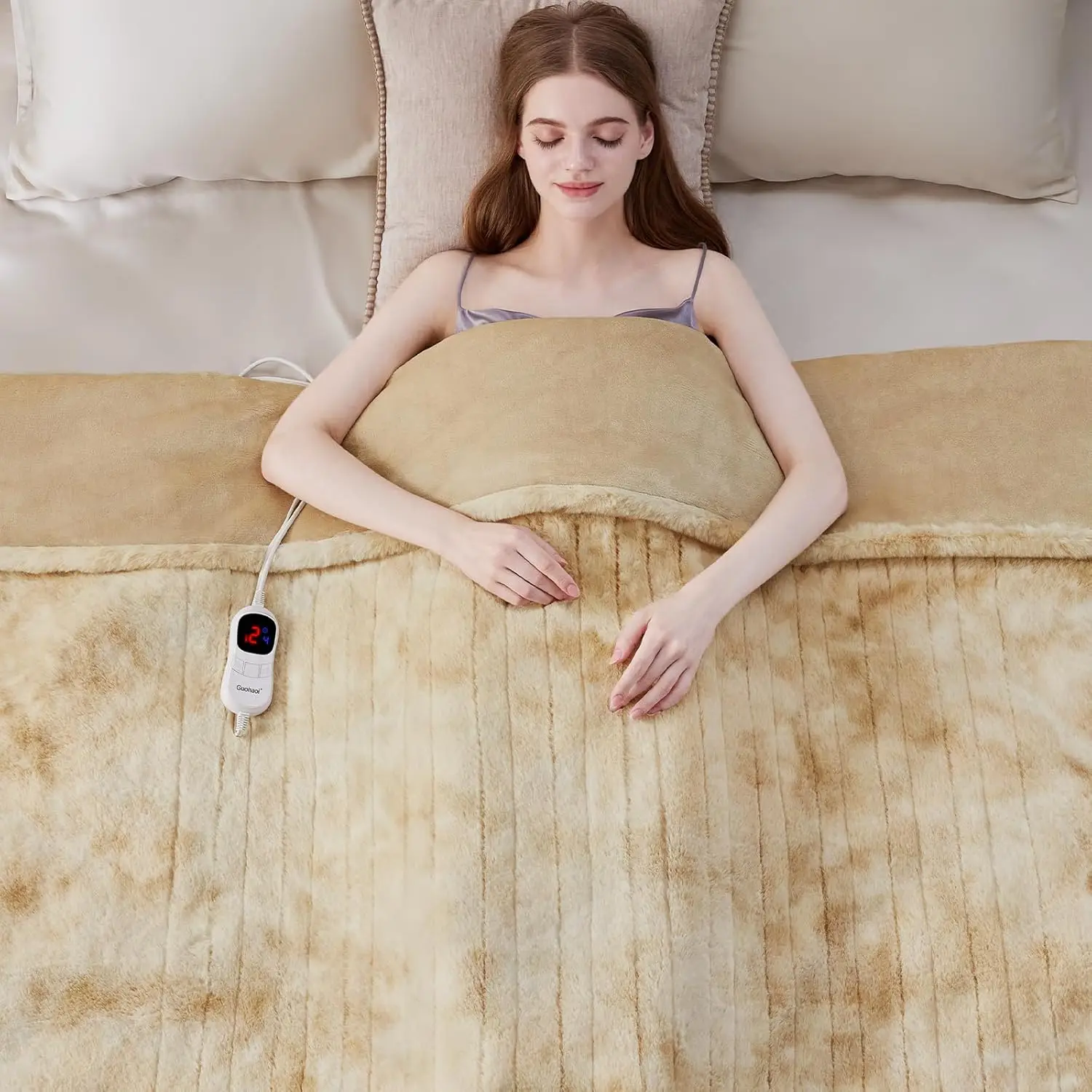 ソフトフェイクファー電気毛布、10段階の温度調節、5つのタイマーオプション、自動オフ機能、洗濯機で洗える（50x60 ベージュ）