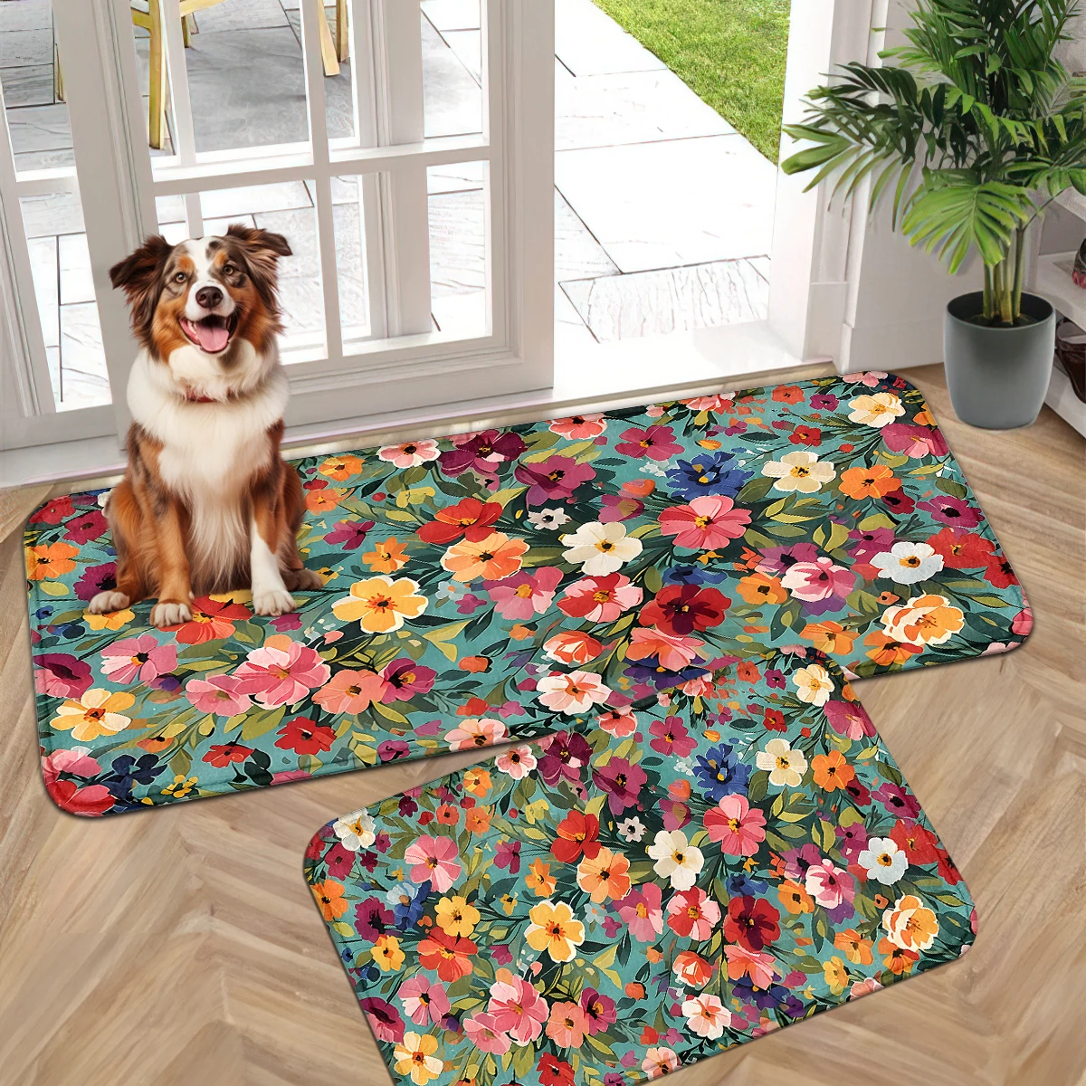 Vintage Wildflower Mat, Mint Tea Cat Door Mat, Camper Text Black Runner, Bike Line White Mat, Halloween Pumpkin Cat Mat Set.