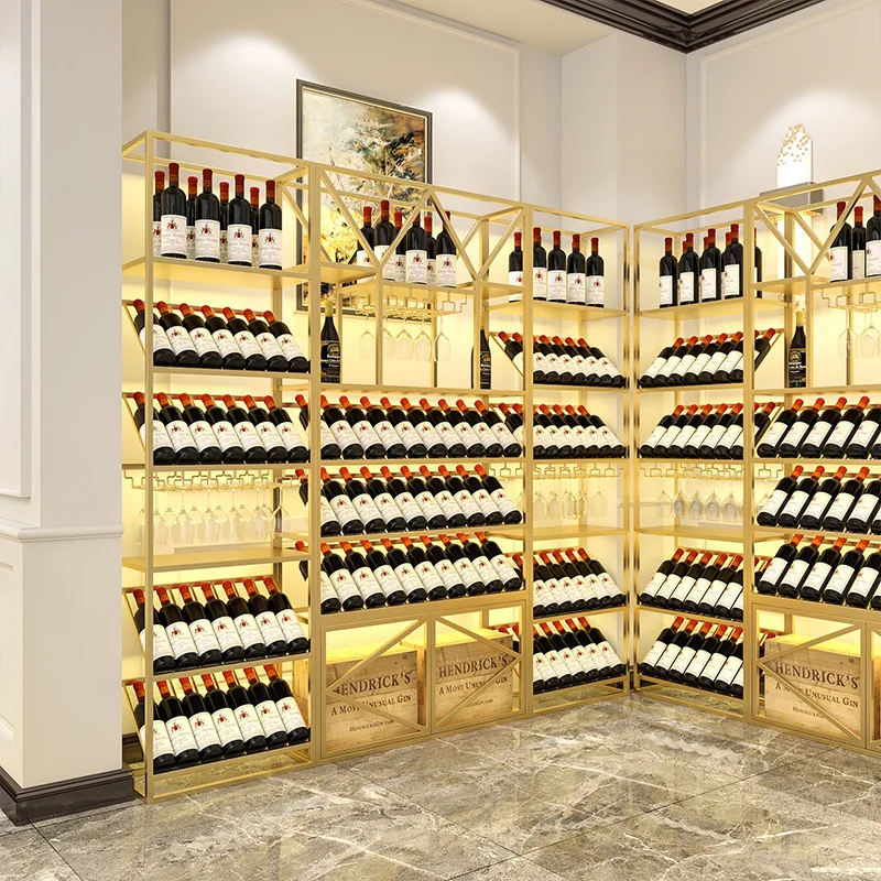 Personalizado nórdico moderno restaurante carenagem ferro forjado display armário de vinho prateleira de chão luminosa rack de vinho