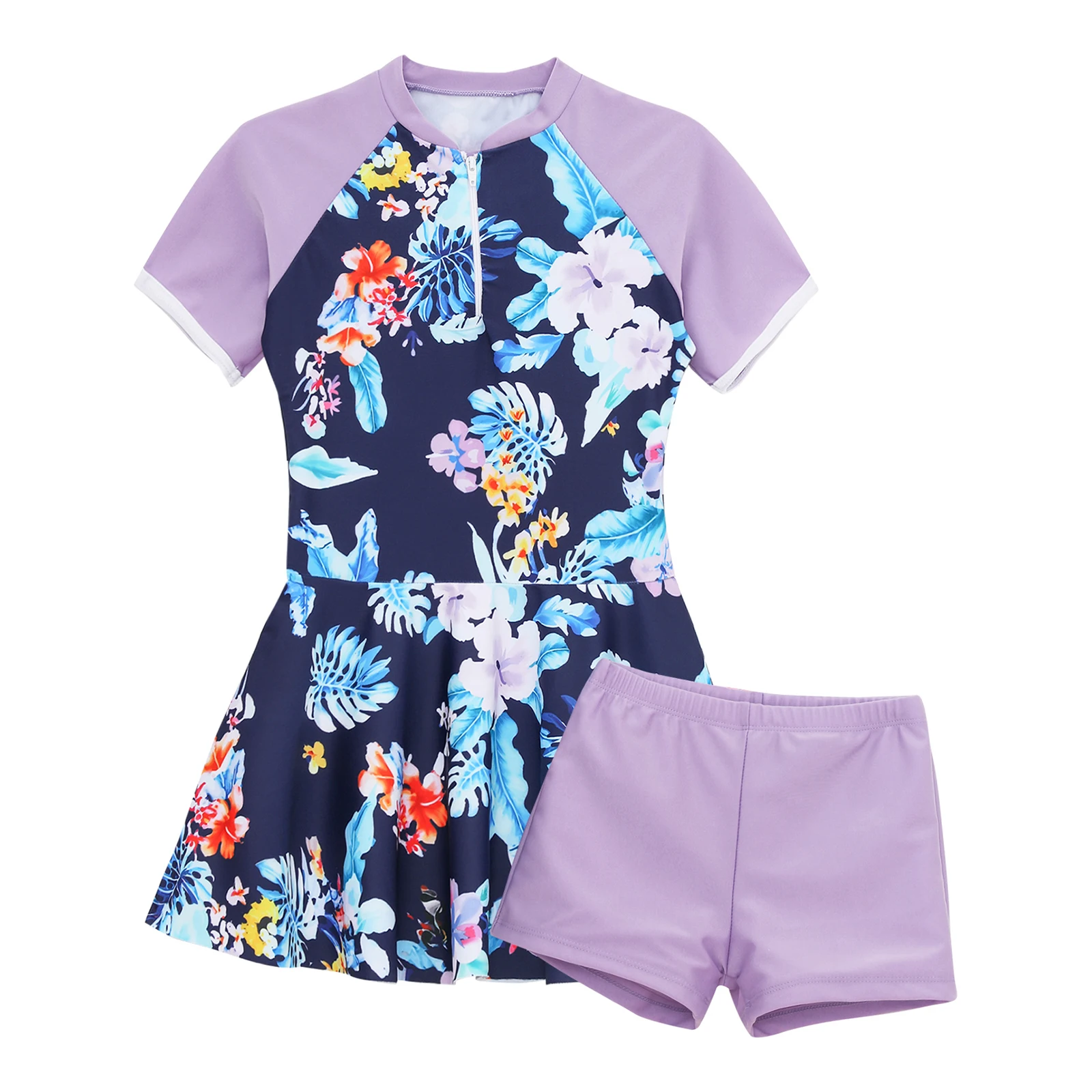 Kids Print Swimsuits Girls Short Sleeve Print Swim Dress with Shorts Swimming Suit Pool Beach Bathing Suit Rash Guard