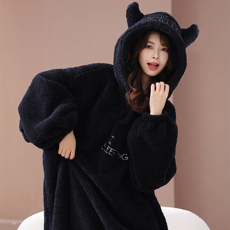 Winter Black Gray Devil Hooded Long Nightgown Fleece Long Nightdress Lazy Robe Bathrobe Extra Thick Plus-size Pajamas Home Wear