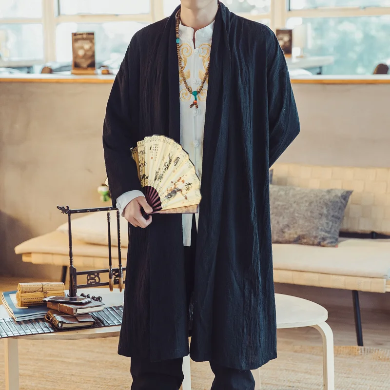 Men Loose Vintage Cotton Linen Trench Coat Plus size casual long Cardigan Kimono jacket Male Chinese Style Black Windbreaker 5XL