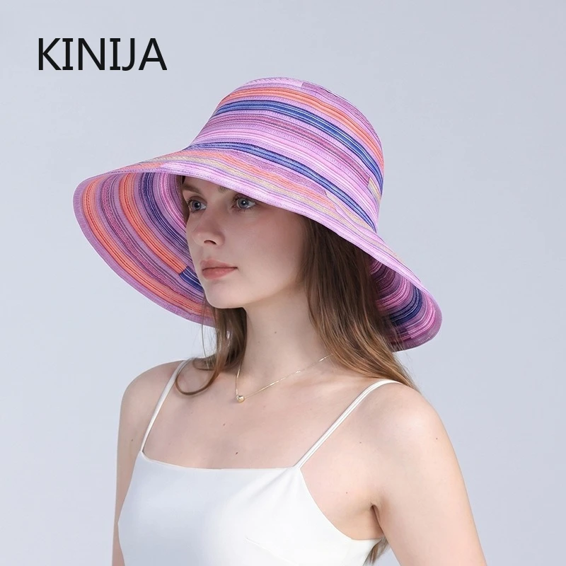 Summer Women Hat Wide Side Sun Hat Fashion Bucket Cap Women Travel Rainbow Striped Beach Foldable Brimmed  Holiday Hat