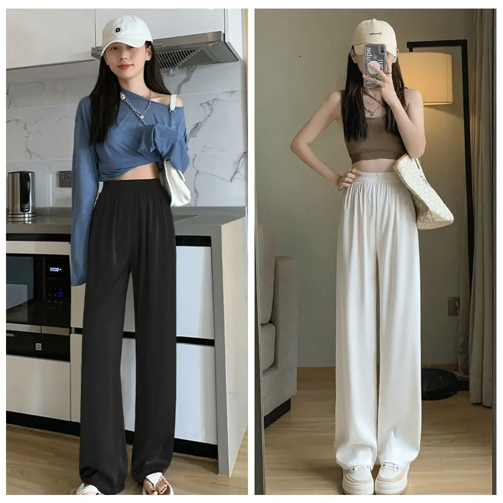 Fashion High Waist Women's Ice Silk Wide Leg Pants Thin Loose Summer Silk Satin Straight Pants Sunscreen Baggy Trousers Spring