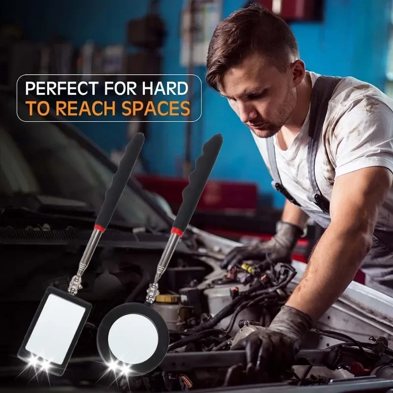 360° Rotatable Inspection Mirror LED Light Telescopic Handle Detection Mirror Repair Tool Automotive Repair Auxiliary Lighting