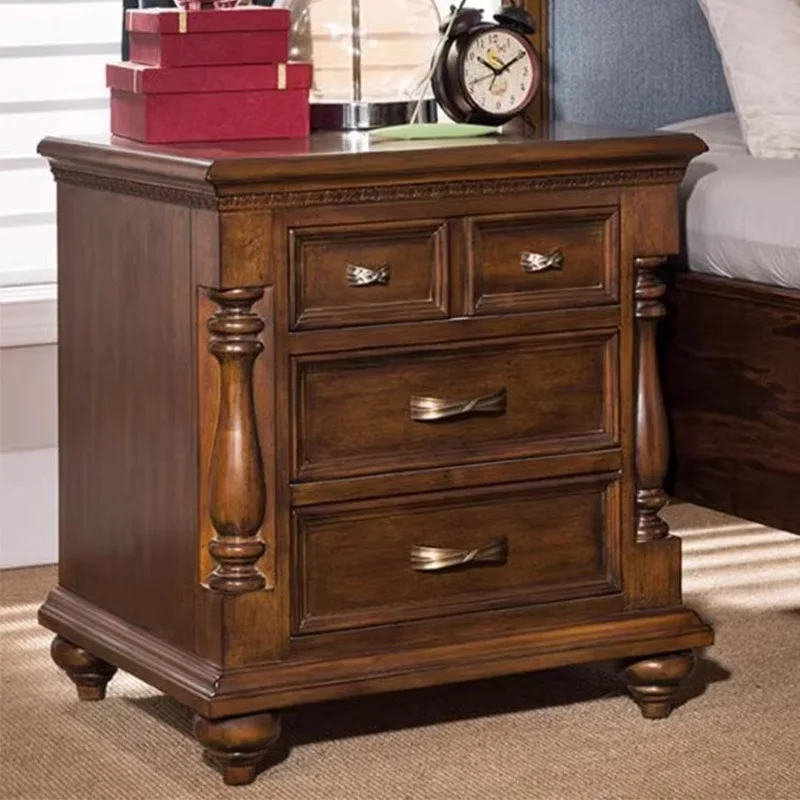

American country solid wood bedside table European retro carved bedside table Bedroom storage
