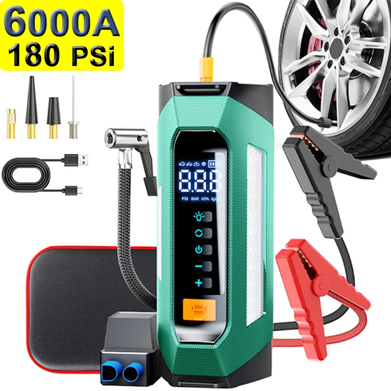 

6000a 180 PSI 4 In 1 Car Jump Starter With Air Pump Pack Tire Inflator Emergency Power Bank 12v Auto Battery Booster Compressor