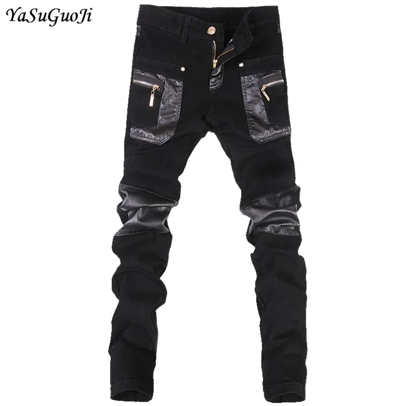 New 2024 Autumn Punk Style Slim Fit Pu Leather Patchwork Streetwear Fashion Skinny Jeans Men Hip Hop Denim Pencil Pants Men