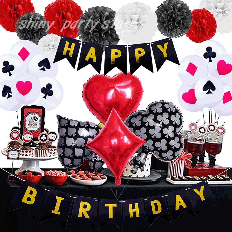 

2026 New Poker Theme Party Balloon Set Black Red Poker Element Balloons Casino Decoration Adult Birthday Parti Globos Supplies