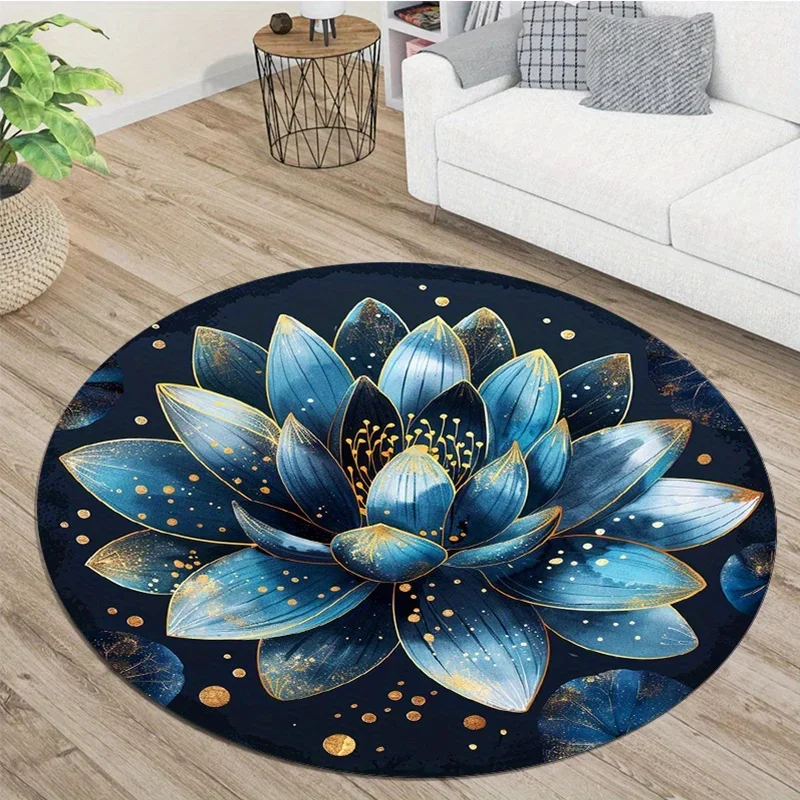 Blue Lotus Pattern Round Cushion – Machine Washable Decor for Bedroom & Living Room