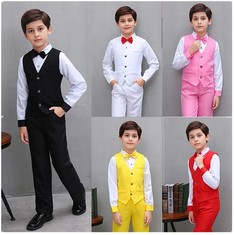 Boys' Small Suit, Vest Set, Big Children's Strap Pants, Performance Dress, Wedding Piano Performance