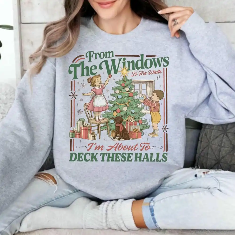 Von den Fenstern bis zu den Wänden, ich bin zum Deck. Diese Hallen-Sweatshirt, Vintage-Weihnachts-Unisex-Pullover, langärmelige Y2K-Pullover