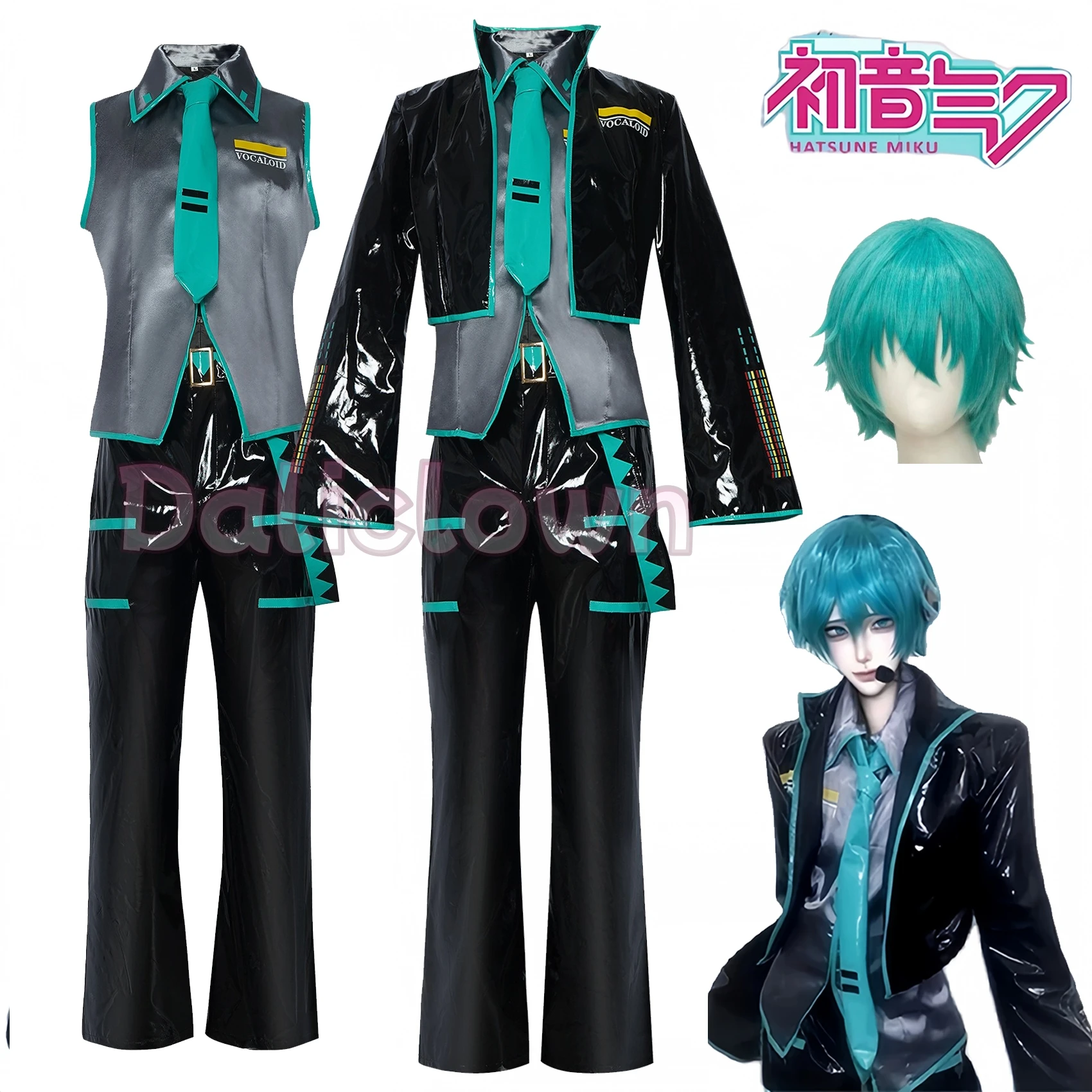 Mikuo Männlich Miku Cosplay Kostüm Uniform Perücke Anime Kleidung Schwarz PU Leder Jacke Hemd Phantasie Halloween Party Outfit Frauen Männer
