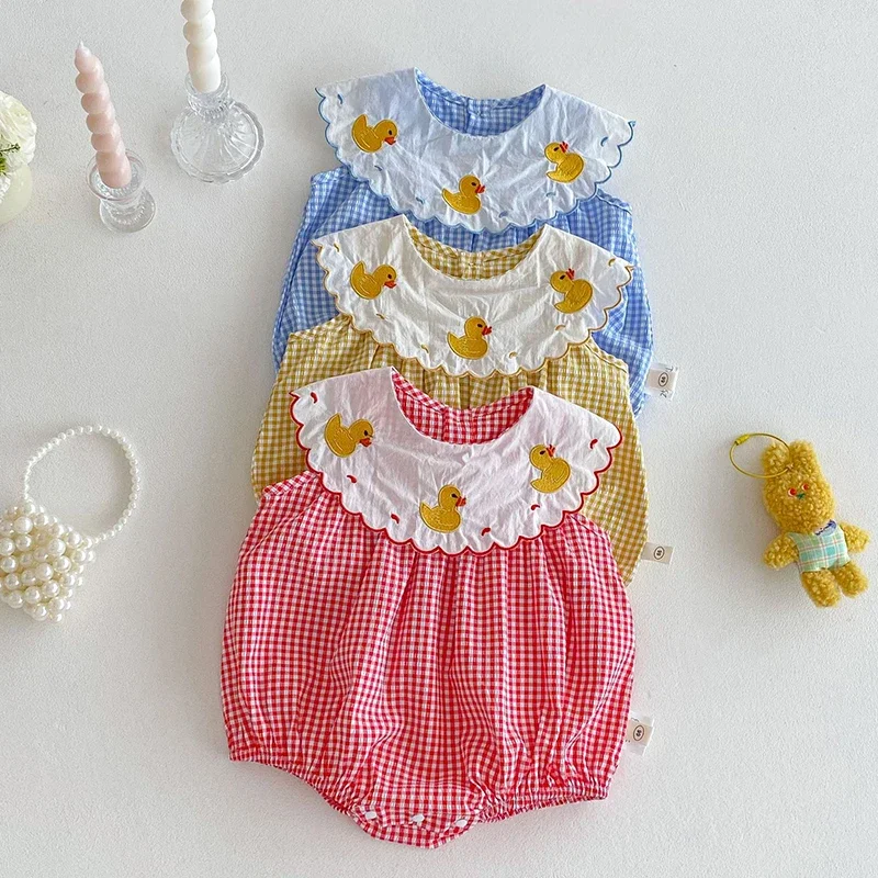 2025 New Summer Toddler Baby Girls Jumpsuit Sleeveless Cotton Plaid Embroidery Newborn Baby Romper 0-24M Children Clothes