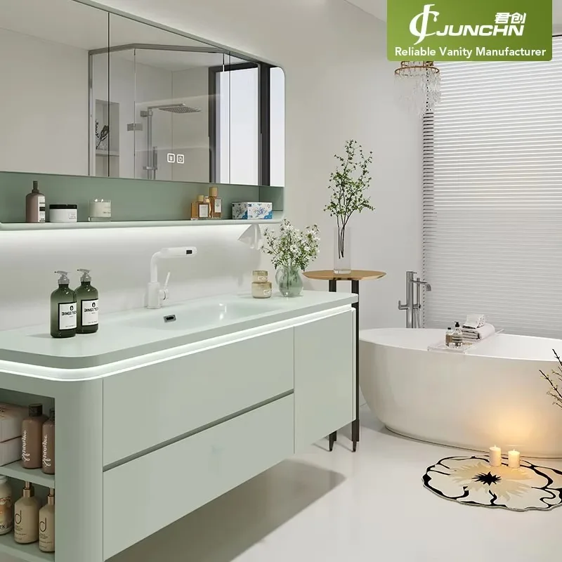 2026 New Arrival Sage-Green Floating Bathroom Vanity Set,Smart Mirror, Solid-Surface Integrated Sink For Home & Hotel Projects