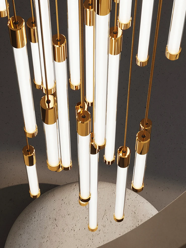 Modern LED Cylindrical Long Strip Chandelier Duplex Attic Hanging Staircase Pendant Light Villa Living Room Luxury Ceiling Light