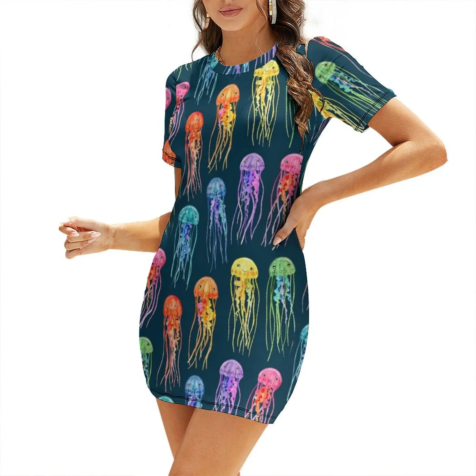 Rainbow Watercolor Jellies on Dark Teal Short Sleeved Dress women long dresses loose women's dress Dress